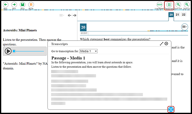 Training test question showing the pop-up box with an audio transcript and the border selection option indicated