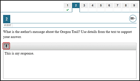 Sample test question with 'This is my response' in the response area and the Microphone indicated above the response area.