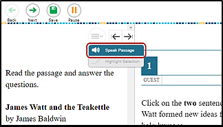 Sample test question with the context menu open and the Speak Passage option called out