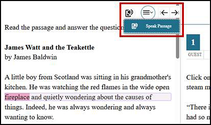 Sample test question, with the TTS icon displayed and the Speak Passage option indicated.