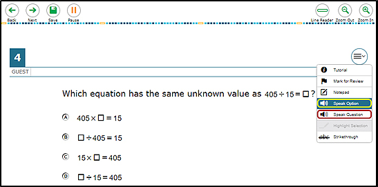 Sample test question, with the context menu displayed and the Speak Option and Speak Question resources called out 