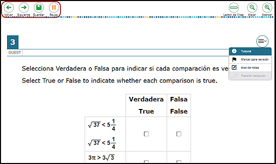Sample question with translated test directions, where the question is shown in Spanish and English; the context menu is open, and action buttons (in Spanish) are indicated