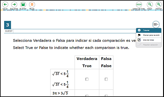 Sample test question with translations visible. The question and each answer option include both the Spanish translation followed by the English version. Buttons and menus are also shown in Spanish.
