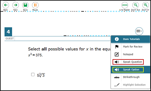 Sample test question, with the context menu displayed and the Speak Option and Speak Question resources called out 