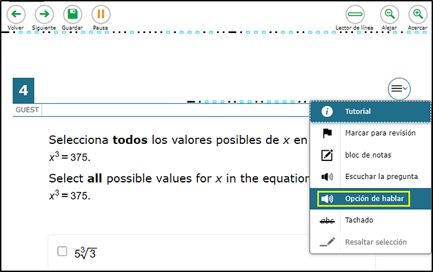 Sample Context menu with the Opción de hablar resource indicated.
