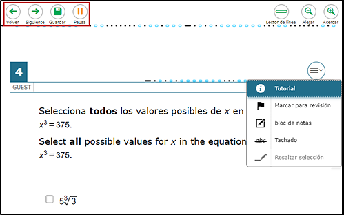 Sample question with translated test directions, where the question is shown in Spanish and English; the context menu is open, and action buttons (in Spanish) are indicated.