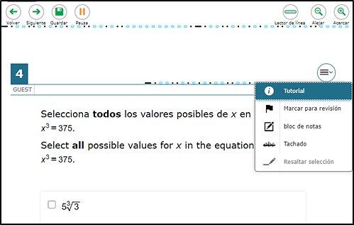 Sample mathematics question with translations visible. The question and each answer option include both the Spanish translation followed by the English version. Buttons and menus are also shown in Spanish.