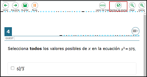 Sample mathematics question translated into Spanish visible. Buttons and menus are also shown in Spanish. The Cambiar de idioma button is indicated.