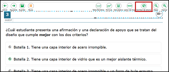 Sample science question translated into Spanish visible. Buttons and menus are also shown in Spanish. The Cambiar de idioma button is indicated.