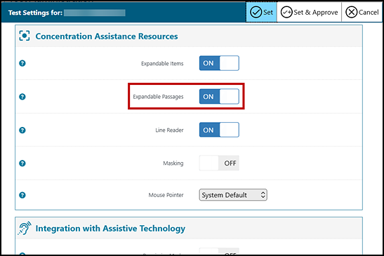 Student universal tool test settings in the Test Administrator Interface with the Expandable Passages toggle, which is set to On, indicated.