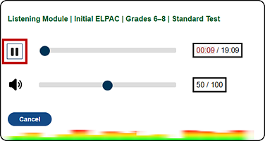 Sample audio controls interface for the Listening domain with the Pause button indicated.