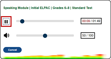 Sample audio controls interface for the Speaking domain with the Pause button indicated.