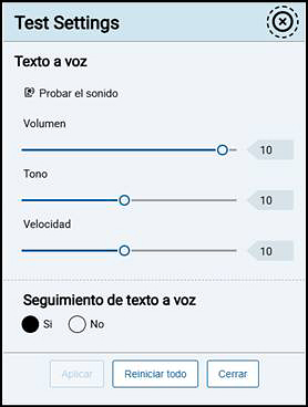 Test Settings menu showing text-to-speech volume, pitch, rate, and tracking settings.