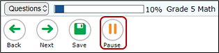 Breaks—Pause button, which is called out. The Back, Next, and Save buttons are to the left of the Pause button, in that order.
