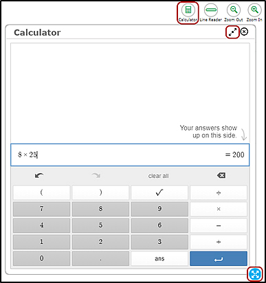 The on-screen basic calculator that also shows the Calculator, Line Reader, Zoom Out, and Zoom In buttons with the Calculator button, maximize, and border selection area called out