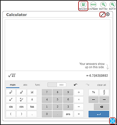 The on-screen scientific calculator that also shows the Calculator, Line Reader, Zoom Out, and Zoom In buttons with the Calculator button, maximize, and border selection area called out