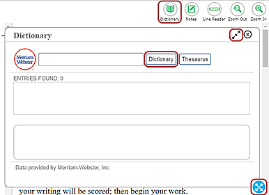 English Dictionary (Writing), with a callout around the Dictionary buttons and with the Notepad and border selection options. The Notes, Line Reader, Zoom Out, and Zoom In buttons are also visible.
