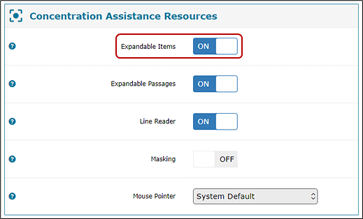 Concentration Assistance Tools test settings for a sample student within the Test Administrator Interface, with the Expandable Items resource toggle is indicated