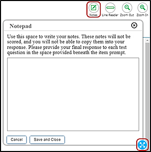 Global notes tool, with the Notes button and the border selection option indicated; within the Notepad box, there is a space for taking notes and Cancel and Save and Close buttons