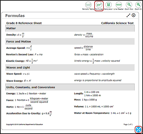 Formulas reference sheet with the Formulas button on the testing interface and the border selection option indicated