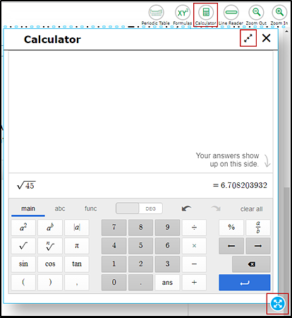 The on-screen scientific calculator that also shows the Calculator and buttons for other universal tools with the Calculator button, maximize, and border selection area indicated.