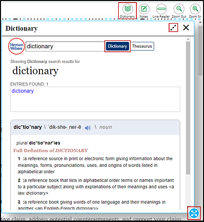 English Dictionary (Writing), with the Dictionary buttons and the expand and border selection options indicated. The Notes, Line Reader, Zoom Out, and Zoom In buttons are also visible.