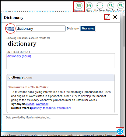 English Thesaurus (Writing), with the Dictionary buttons and the expand and border selection options indicated. The Notes, Line Reader, Zoom Out, and Zoom In buttons are also visible.