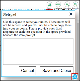 Global notes tool, with the Notes button and the border selection option indicated; within the Notepad box, there is a space for taking notes and Cancel and Save and Close buttons.