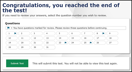 End of segment dialog box displaying flagged items for review with text instructing the student to go back and review any answers.