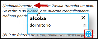 Spanish Glossary, with 'alcoba' highlighted and defined as 'dormitorio' in a separate pop-up window and with the border selection option 'Indudablemente' indicated.