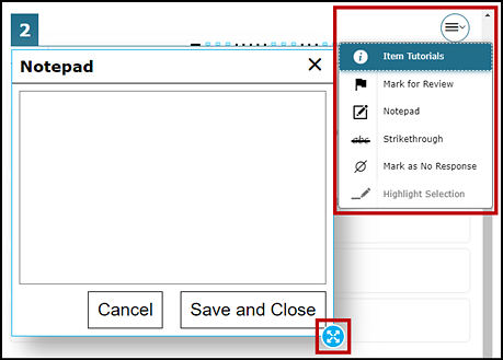 The digital notepad, with the open context menu and and border selection options indicated.