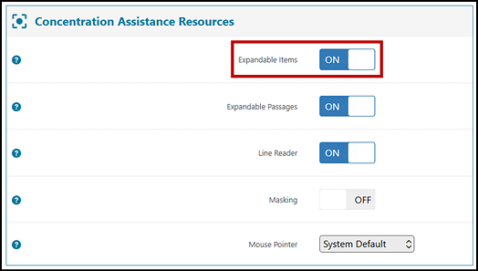 Concentration Assistance Tools test settings for a sample student within the Test Administrator Interface, with the Expandable Items resource toggle indicated.