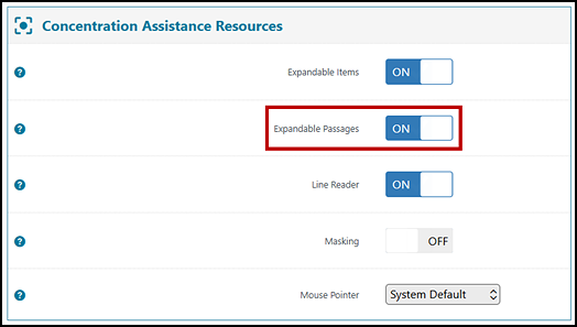 Concentration Assistance Tools test settings for a sample student within the Test Administrator Interface, with the Expandable Passages resource toggle indicated.