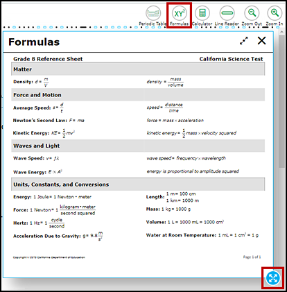 Formulas reference sheet with the Formulas button on the testing interface and the border selection option indicated.