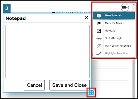 The digital notepad, with the open context menu and and border selection options indicated.