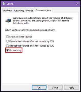 Communications tab in the Sound interface with the 'Do nothing' radio button indicated.
