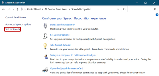 Configure your Speech Recognition experience window, with the Text to Speech link called out