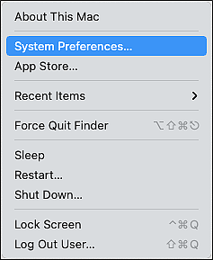 Apple drop-down menu with the System Preferences option selected; additional options include About this Mac, Software Update, and App Store