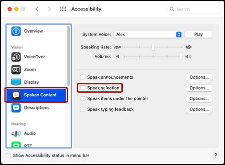Accessibility screen with the Spoken Content option and Speak selection checkbox indicated