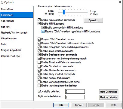 Dragon Commands tab in the Options dialog box