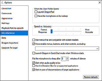 Dragon Miscellaneous tab in the Options dialog box