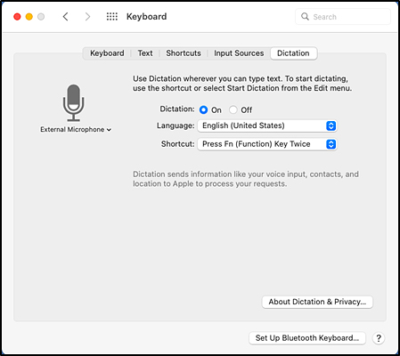 The Mac Dictation tab of the Keyboard settings window with radio buttons for turning dictation on or off and a Shortcut drop-down list set to 'Press Fn (Function) Key twice'