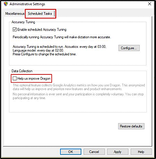 Dragon Options window open to the schedule tasks tab, indicated; with the Help us improve Dragon checkbox unchecked and indicated.