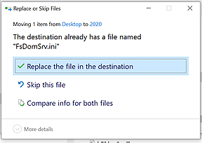 Replace or Skip Files window showing options to replace this file, skip this file, or compare info for both files