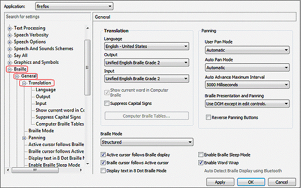 JAWS Settings center window with the Braille>General>Translation settings displayed along with an Apply and OK button