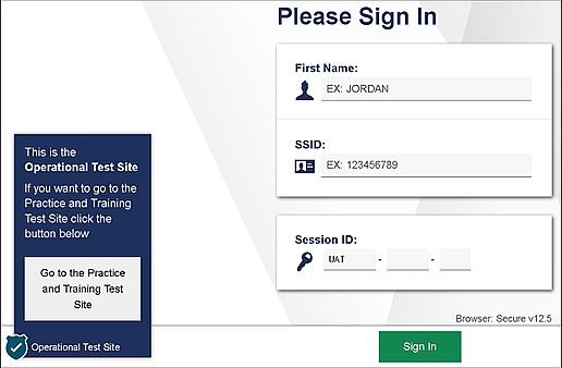 Student Please Sign In screen with fields for First Name, SSID, and Session ID