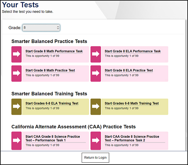 Your Tests screen with grade drop-down list and categories of tests such as the Smarter Balanced Practice Tests and the California Alternate Assessment Practice Tests