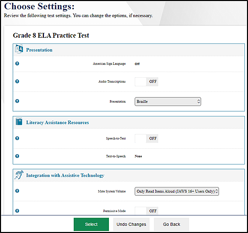 Choose Settings screen in an ELPAC practice test that shows example test settings and the Select, Undo Changes, and Go Back buttons at the bottom of the screen