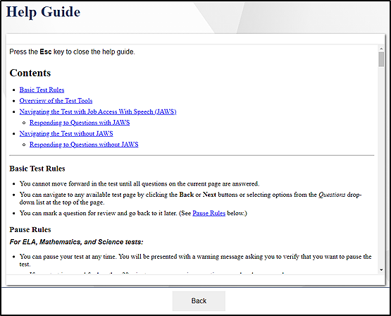 Help Guide with links to topics, including navigating the test with and without JAWS