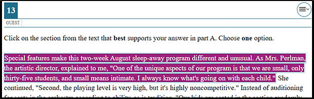 Sample question with a sentence that starts “Special features make this two-week August sleep-away program different and unusual” selected as hot text
